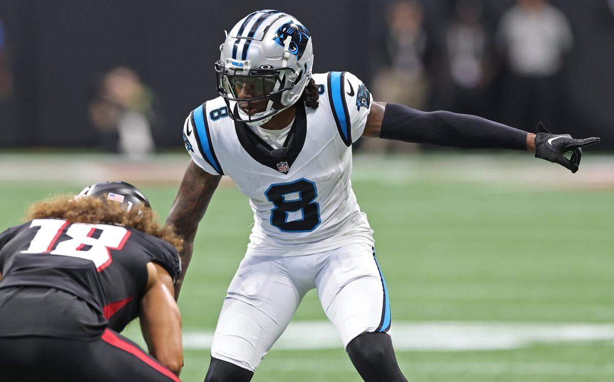Carolina Panthers cornerback Jaycee Horn, right, lines up across from Atlanta Falcons wide receiver Mack Hollins, left, during action at Mercedes-Benz Stadium in Atlanta, GA on Sunday, September 10, 2023. The Falcons defeated the Panthers 24-10. Horn left with a hamstring injury before halftime.