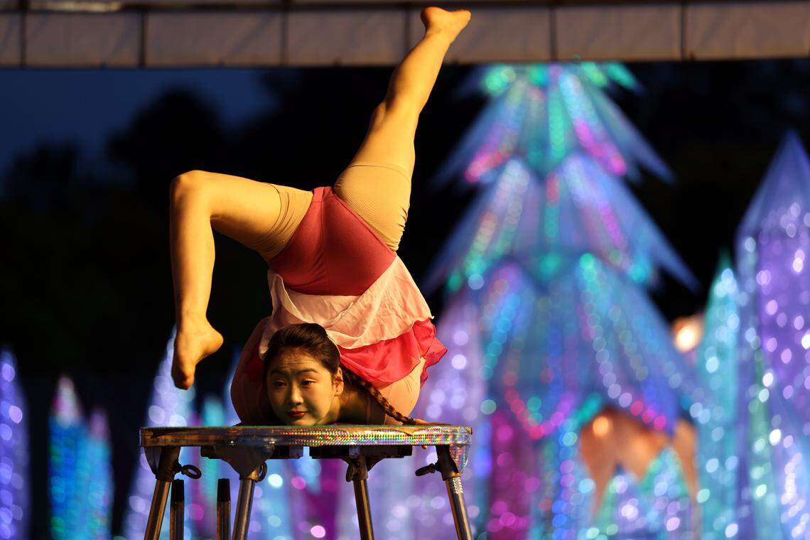 The Tianyu Lights Festival features a contortionist on Friday, April 25, 2025, at Concord Mills in Charlotte, N.C.