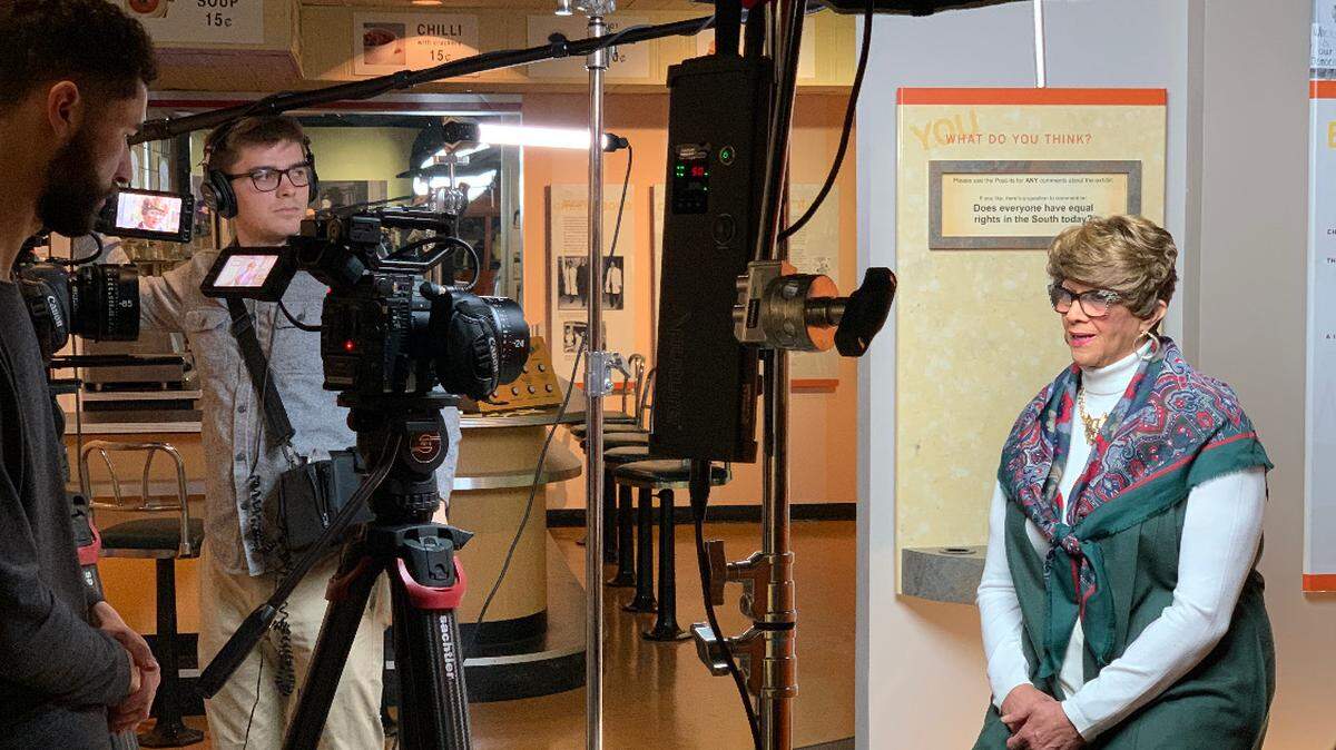 Dorothy Counts-Scoggins is interviewed at the Levine Museum for the Interactive CLT app. The Levine is one of four Charlotte museums using the new augmented reality app.. Levine visitors can hear Counts-Scoggins, the first Black student to integrate Harding High School, talk about what it felt like that day in 1957.