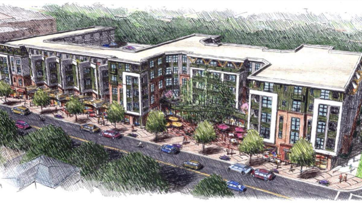 A rendering of Centro NoDa, a 211-apartment complex proposed along 36th Street between North Alexander and North McDowell streets. A petition to rezone the land where the apartments would go has been met with opposition by some residents and raised concern by some City Council members.