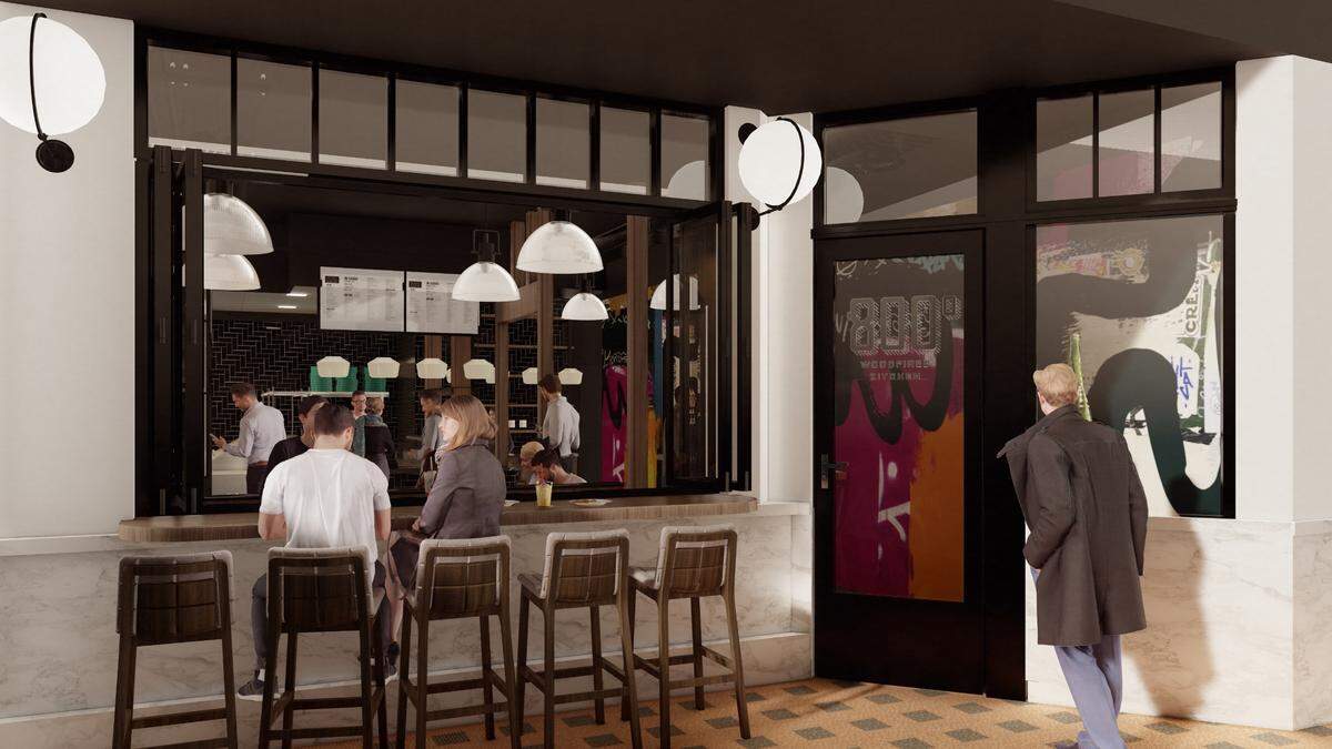 A rendering of the 800° Woodfired Kitchen space at The Alley at Latta Arcade, slated to open in spring 2024.
