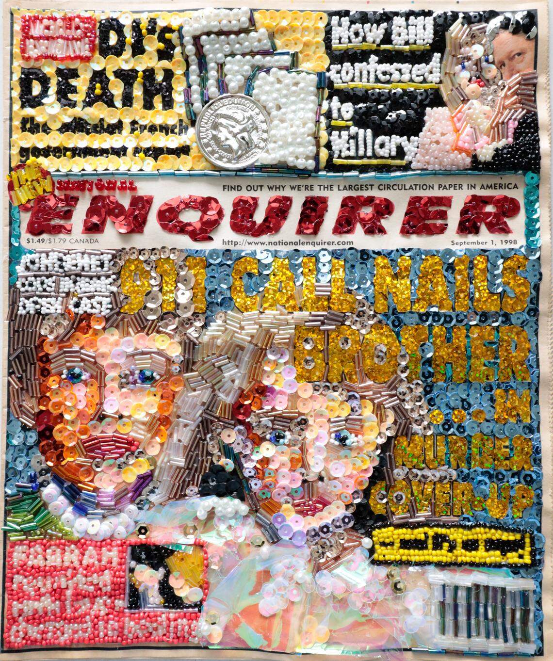 Tyler Lee Nicholson said a recurring theme in their work is “garbage.” This piece is called “Tabloid - JonBenet.”