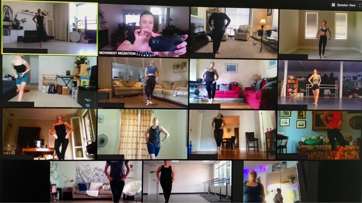Kim Jones (holding a camera) teaches a class online, helping intermediate dancers learn Martha Graham technique. Jones is founder/artistic director of Movement Migration, a Charlotte-based dance collective. Amid the pandemic, she launched an online dance program that drew students from 25 states and 14 countries.
