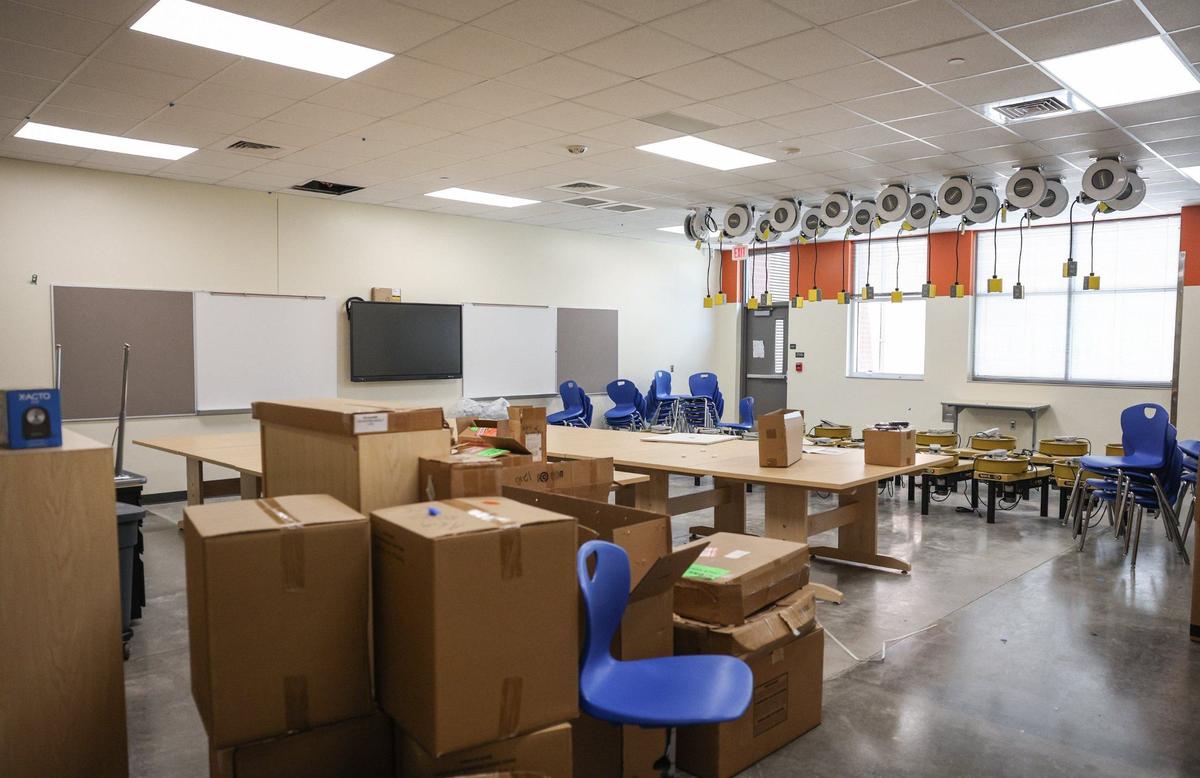 A classroom awaits organization at Ballantyne Ridge, a new CMS high school that is opening this year.