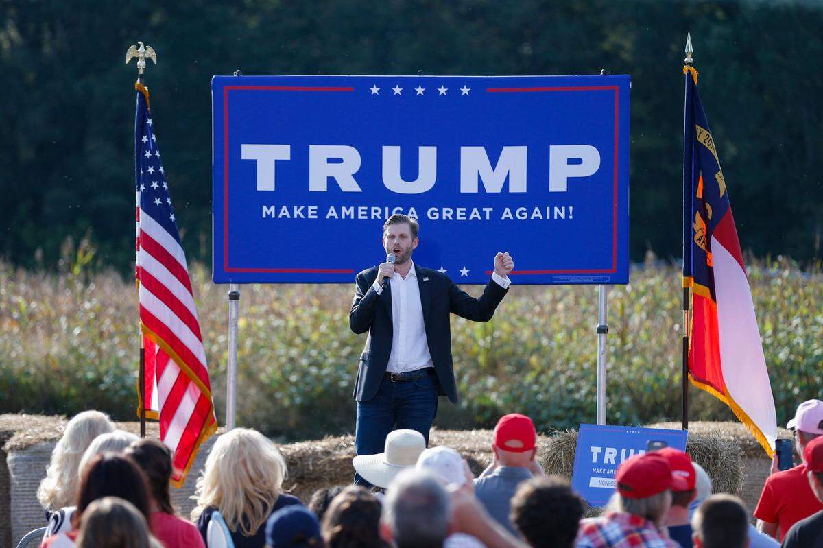 Eric Trump, the son of President Donald Trump, speaks at a campaign rally for his father in Monroe, N.C., Thursday, Oct. 8, 2020.