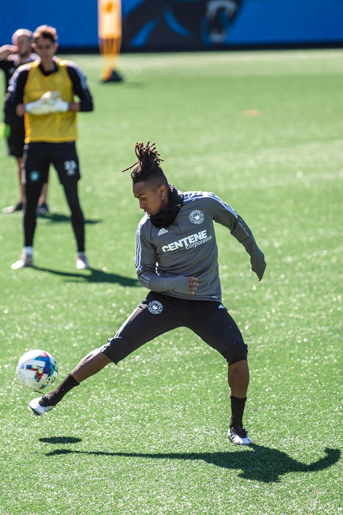 Charlotte FC’s Yordy Reyna dribbles the ball during an open training session at Bank of America Stadium on Thursday, February 10, 2022 in Charlotte, NC.