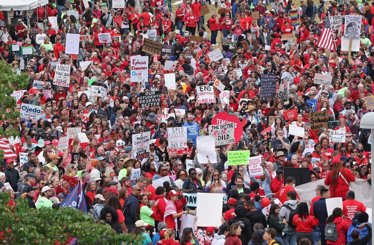 Teachers gather at the Government Complex in Raleigh, NC on Friday, May 1, 2026 for a mass rally and to protest for more funding for public schools.