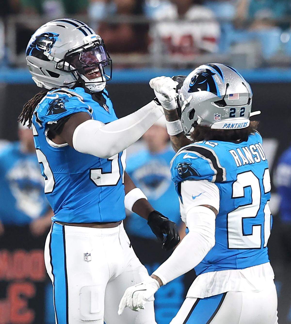 Carolina Panthers safety Demani Richardson, left and safety Lathan Ransom, right, celebrate a play against the Cleveland Browns on Friday, August 8, 2025 at Bank of America Stadium in Charlotte, NC. The Browns defeated the Panthers 30-10.