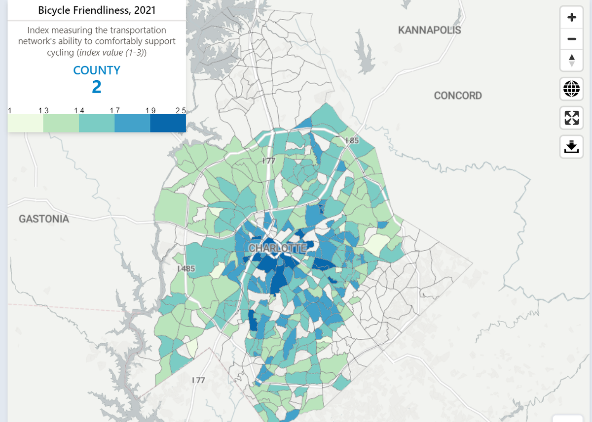 A screenshot of this bicycle friendliness map from the Charlotte/Mecklenburg Quality of Life Explorer shows what parts of Charlotte are more bicycle-friendly. Those areas tend to be closer to the center city.