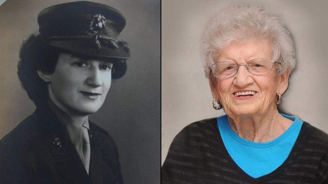 Dorothy “Dot” Cole, who was the oldest living Marine up until her death at age 107 last Friday. At left, Cole appears in an old photo wearing her dress uniform; at right, she is pictured in a photo taken around her 100th birthday.