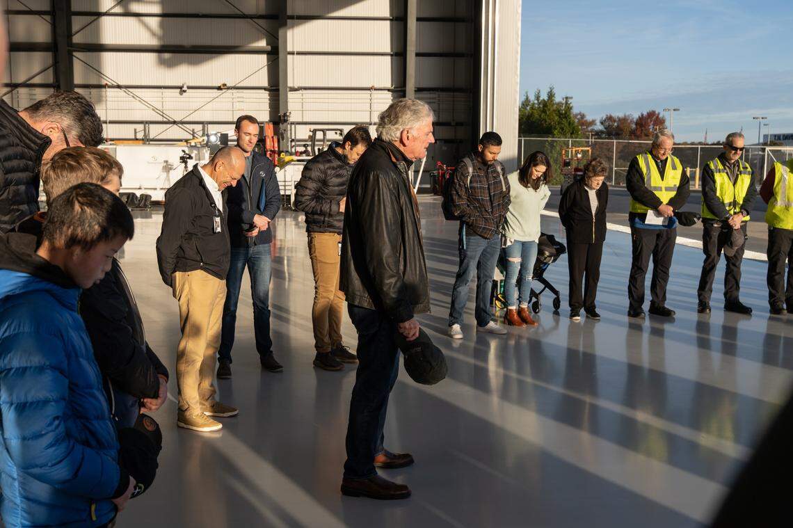 Franklin Graham leads the aviation team in prayer before the inaugural flight of the Samaritan’s Purse 767 cargo plane, from Greensboro to Israel Saturday morning, Oct. 25, 2025. The plane held relief supplies for the people of Gaza.