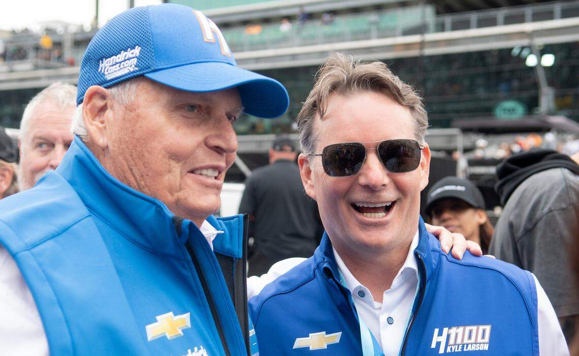 Rick Hendrick stands with Jeff Gordon Sunday, May 25, 2025, ahead of the 109th running of the Indianapolis 500 at Indianapolis Motor Speedway.