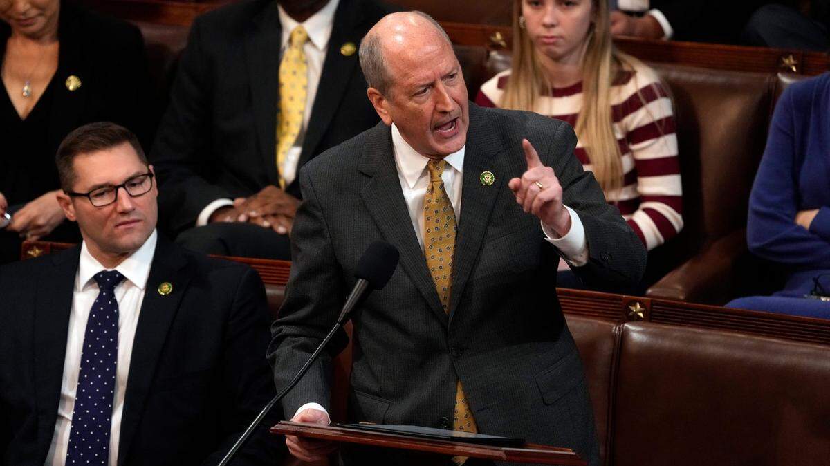 Rep. Dan Bishop, R-N.C., nominates Rep. Byron Donalds, R-Fla., for House speaker in a seventh round of voting in the House chamber in January 2023.