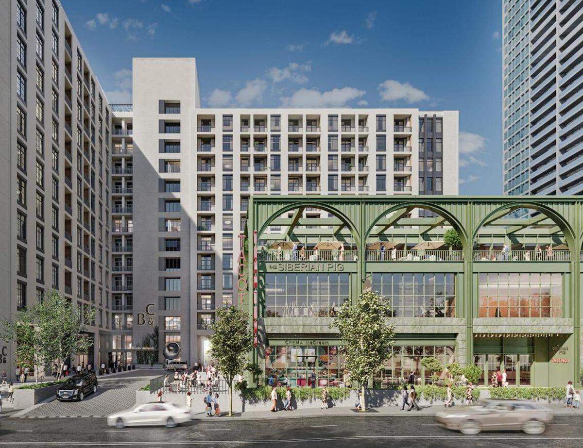 Rendering of the Brooklyn and Church redevelopment at 526 S. Church Street. The project is converting the former Duke Energy headquarters into housing and retail. Courtesy of MRP Realty and Asana Partners