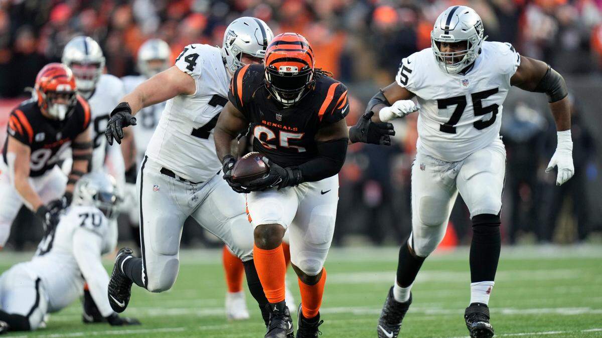 Cincinnati Bengals’ Larry Ogunjobi runs after recovering a fumble during the first half of an NFL wild-card playoff football game against the Las Vegas Raiders, Saturday, Jan. 15, 2022, in Cincinnati.