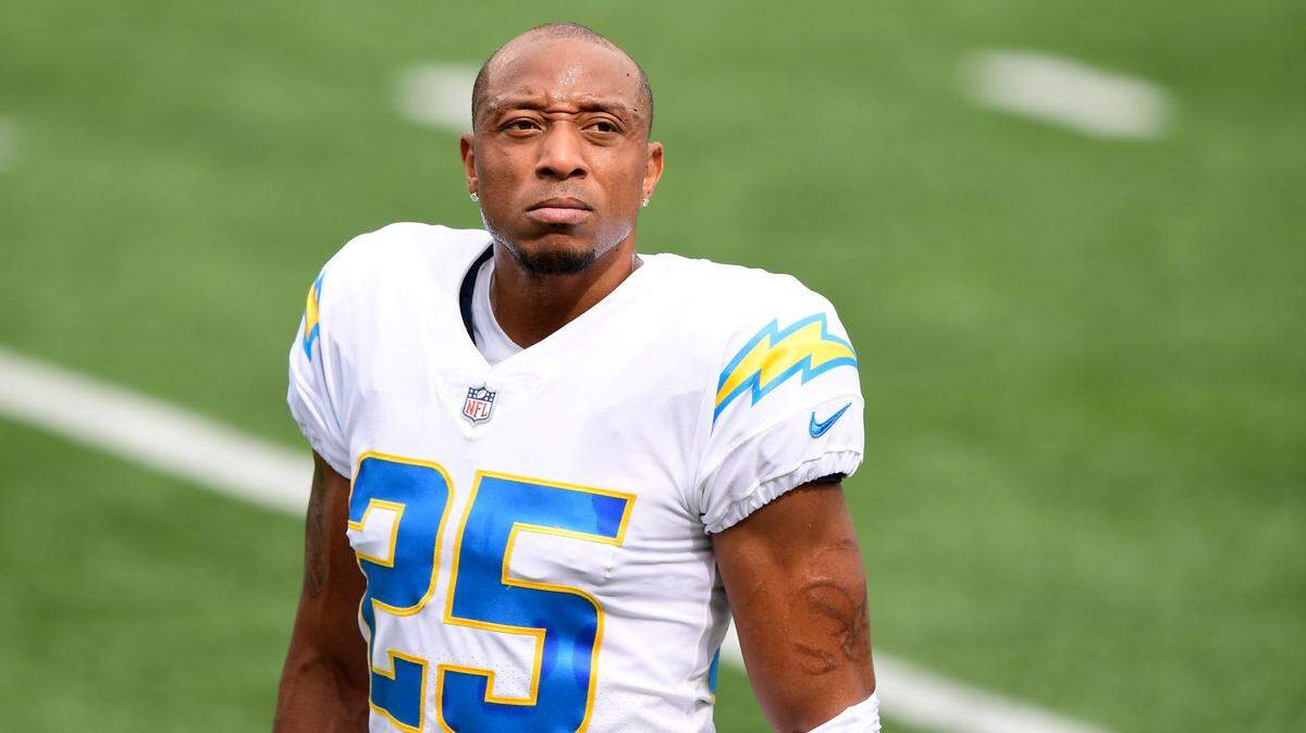Los Angeles Chargers cornerback Chris Harris (25) looks on prior to an NFL football game against the Cincinnati Bengals, Sunday, Sept. 13, 2020, in Cincinnati. (AP Photo/Emilee Chinn)