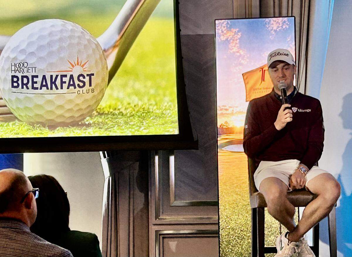 PGA golfer Justin Thomas speaks at the Hood Hargett Breakfast Club in Charlotte on Tuesday.