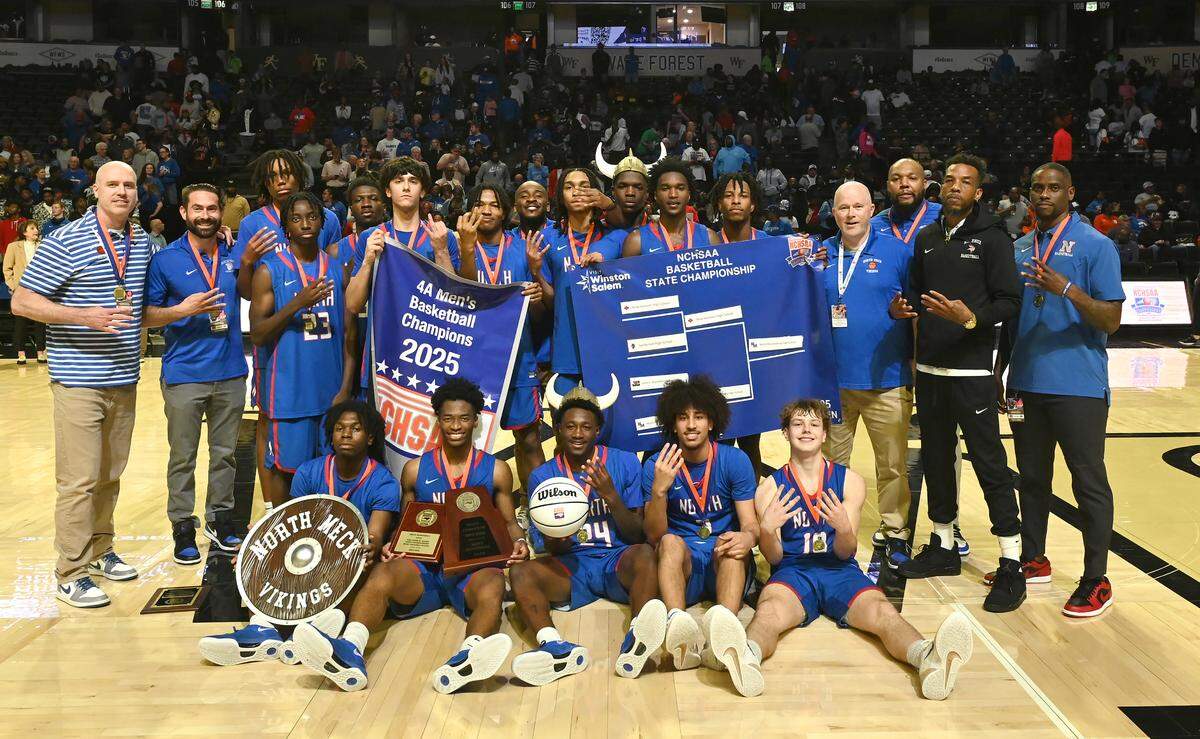 The North Meck Vikings defeated New Hanover 59-56 on on Saturday, March 15, 2025 to win the boys NCHSAA 4A State Championship game at Lawrence Joel Veterans Coliseum in Winston-Salem, NC.