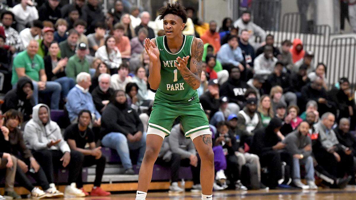 Myers Park’s Sadiq White Jr. (1) reacts to a play against Garner in the second half. The Myers Park Mustangs and the Garner Trojans met in the John Wall Holiday Invitational in Raleigh, N.C. on December 27, 2023.