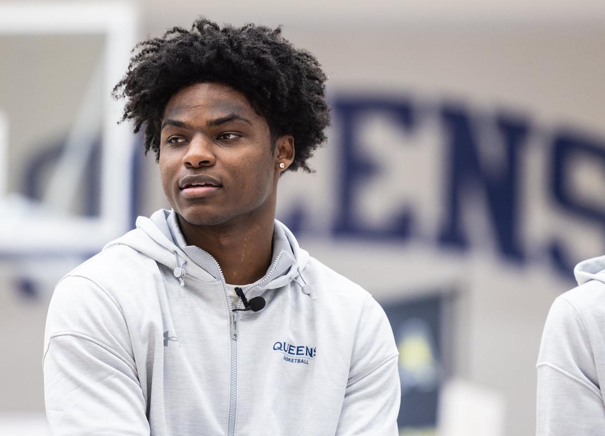Queens basketball player, Bryce Cash, speaks during the Atlantic Sun Basketball Media Day at Queens University in Charlotte, N.C. on Monday, October 14, 2024.