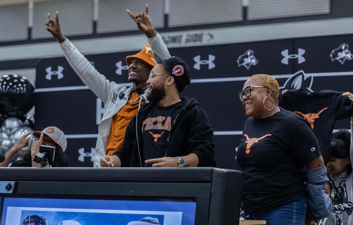 Hough football star Samari “Smoke” Matthews announces his college commitment to University of Texas to play for the Texas Longhorns at Hough High School in Cornelius, N.C., on Friday, July 11, 2025.
