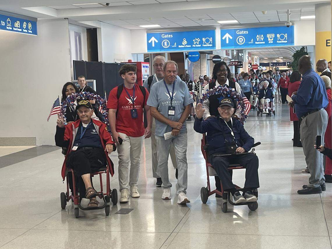 World War II veterans travel through Charlotte Douglas Airport for the Soaring Valor program. The national initiative by American Airlines, the Gary Sinise Foundation and the National WWII Museum hosted the last flight in Charlotte.