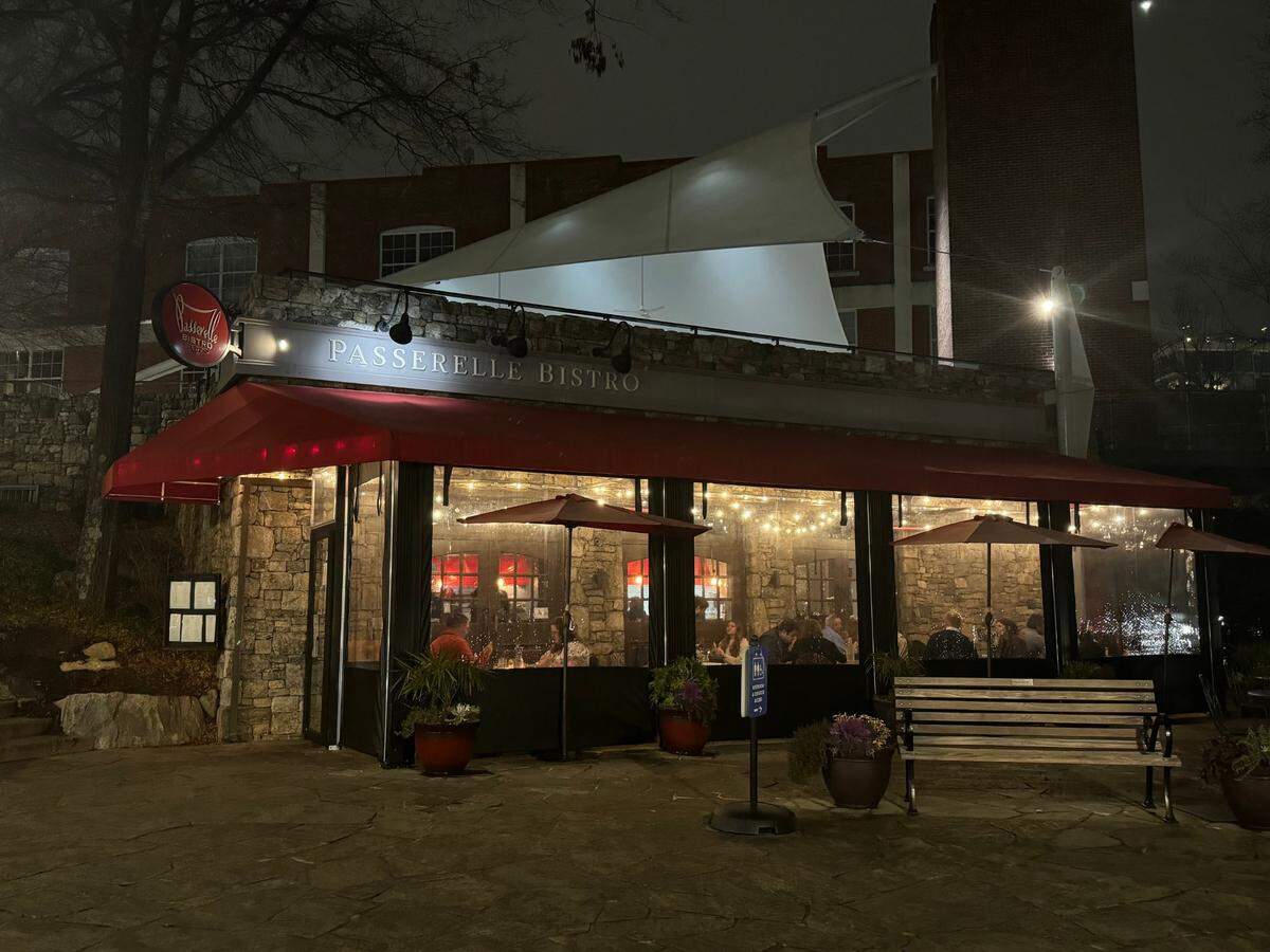 Passerelle Bistro at night.