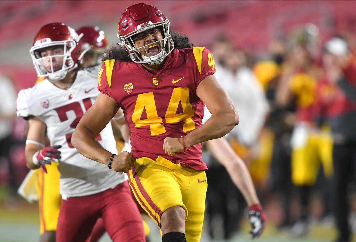 Dec 6, 2020; Los Angeles, California, USA;   USC Trojans linebacker Tuasivi Nomura (44) celebrates after a play in the first half of the game against the Washington State Cougars at United Airlines Field at the Los Angeles Memorial Coliseum. Mandatory Credit: Jayne Kamin-Oncea-USA TODAY Sports