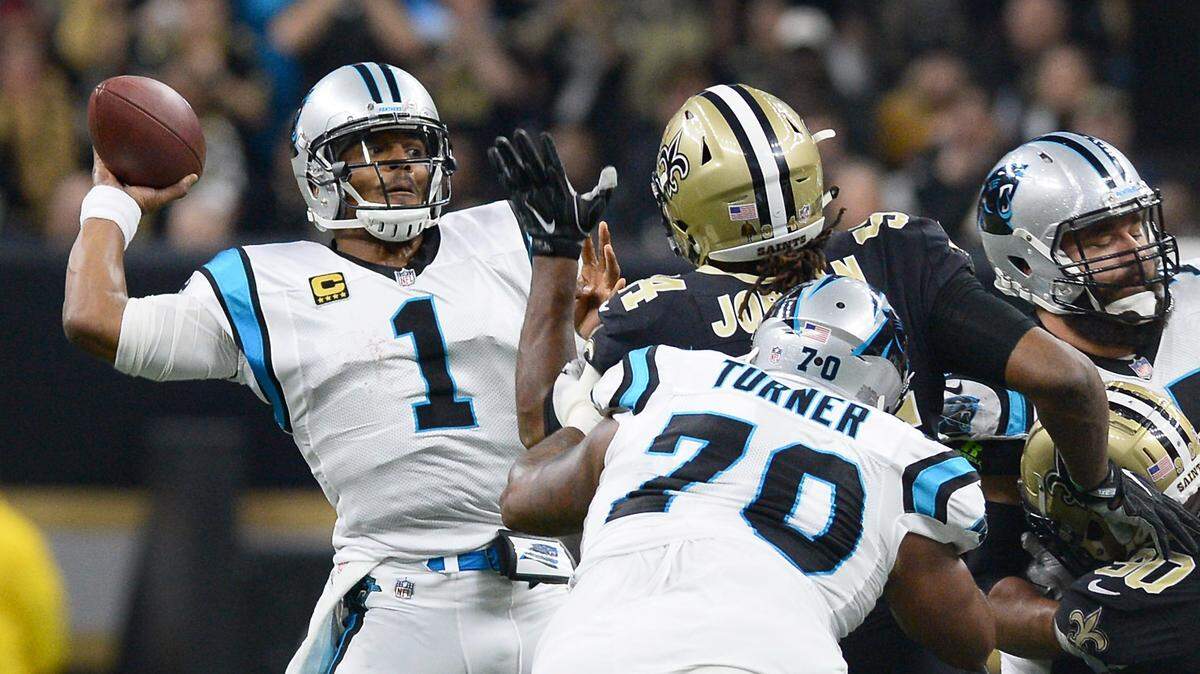 Carolina Panthers quarterback Cam Newton drops back to pass during the first quarter against the New Orleans Saints in an NFL Wild Card game in January at the Mercedes-Benz Superdome in New Orleans.