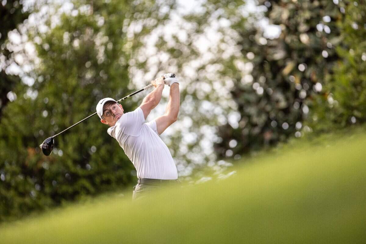 Rory McIlroy hits from the 16th tee during round one of the Wells Fargo Championship at Quail Hollow Club in Charlotte, N.C., on Thursday, May 9, 2024.