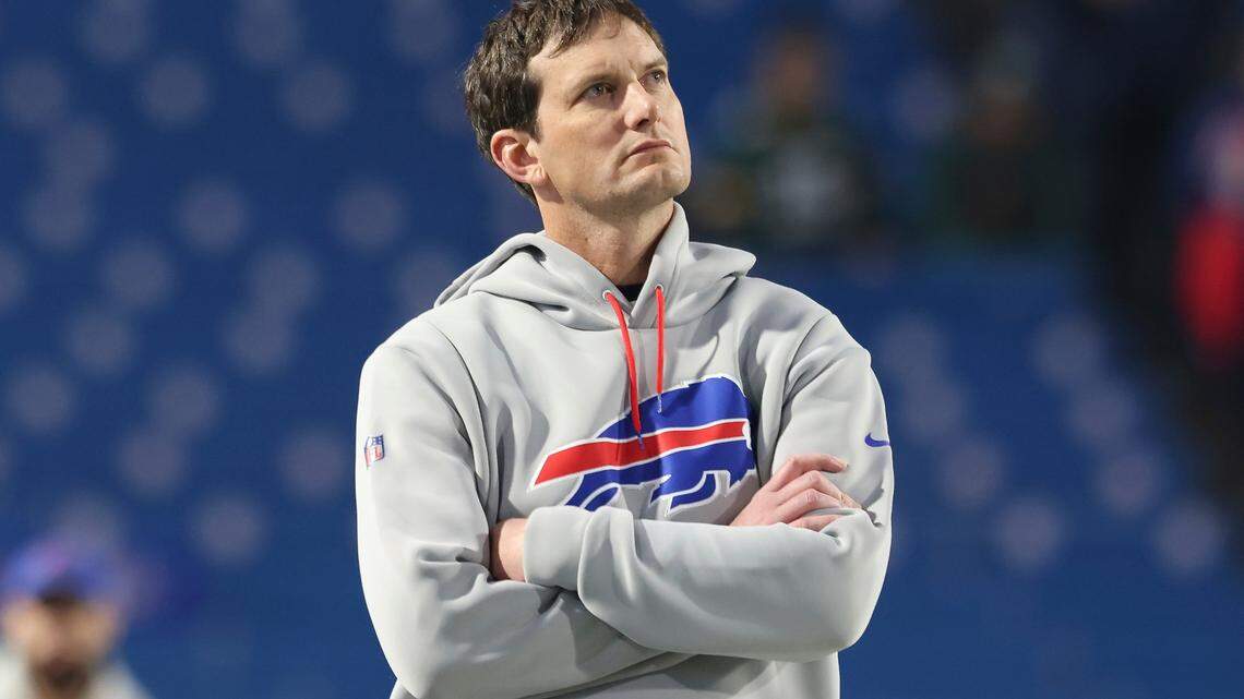 Buffalo Bills offensive coordinator Ken Dorsey looks on prior to an NFL football game, Sunday, Oct. 30, 2022, in Orchard Park, N.Y. (AP Photo/Bryan Bennett)