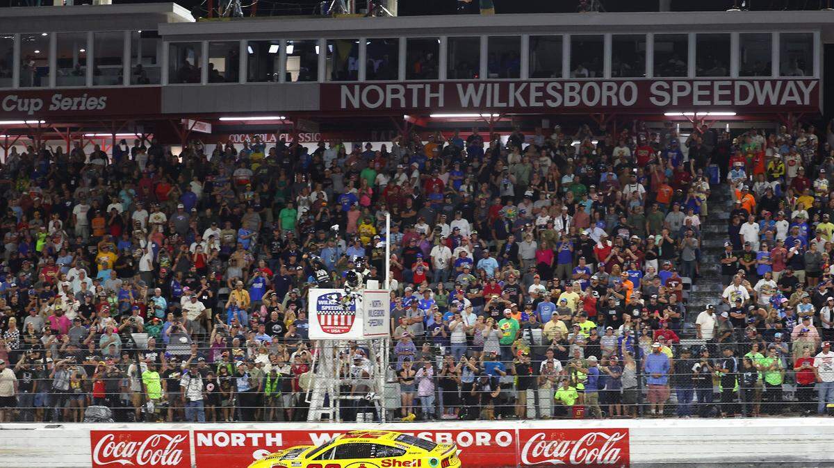 NASCAR Cup Series driver Joey Logano crosses the finish line to win the NASCAR All-Star race at North Wilkesboro Speedway in North Wilkesboro, NC on Sunday, May 19, 2024.