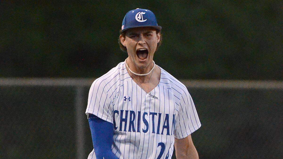 Screaming after an inning ending strikeout Charlotte Christian’s starting pitcher, #24, Grant Nicholson, heads back to the dugout. Metrolina Christian lead Charlotte Christian 3-0 after four innings. The Warriors of Metrolina Christian, sporting a perfect, 19-0 record, travel edto face off against the 14-5, Charlotte Christian Knights. The teams battled on Monday, April 15, 2024.