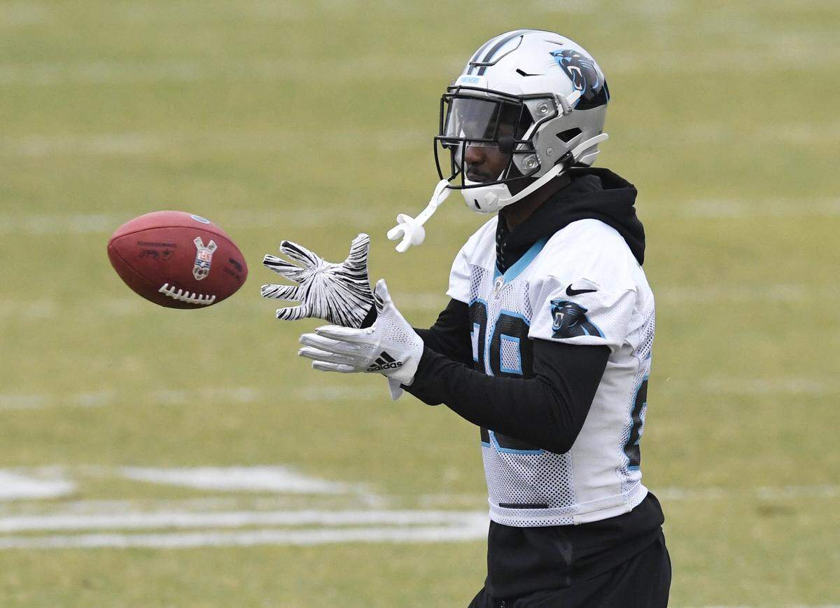Carolina Panthers defensive back Rashaan Gaulden (28) ones his hands for the ball during an OTA session at the team’s practice field n Wednesday, May 22, 2019.
