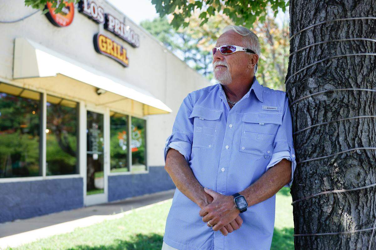 Barry Canter, a local business man and landlord, stands at the shopping center he owns on Albemarle Road, near the site where the former Eastland Mall once stood in Charlotte on Friday, July 25, 2025.