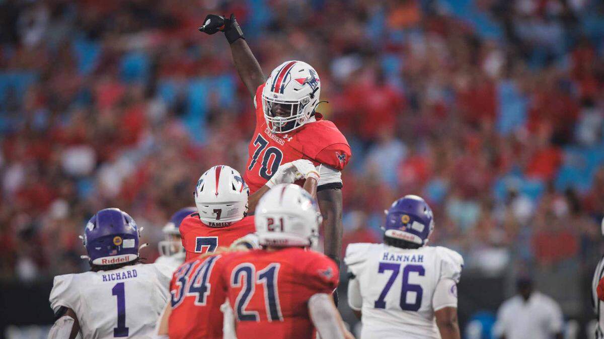Providence Day’s David Sanders celebrates his sack. Providence Day would play Northwestern in the Keep Pounding High School Classic on Saturday, August 19, 2023 at Bank of America Stadium.