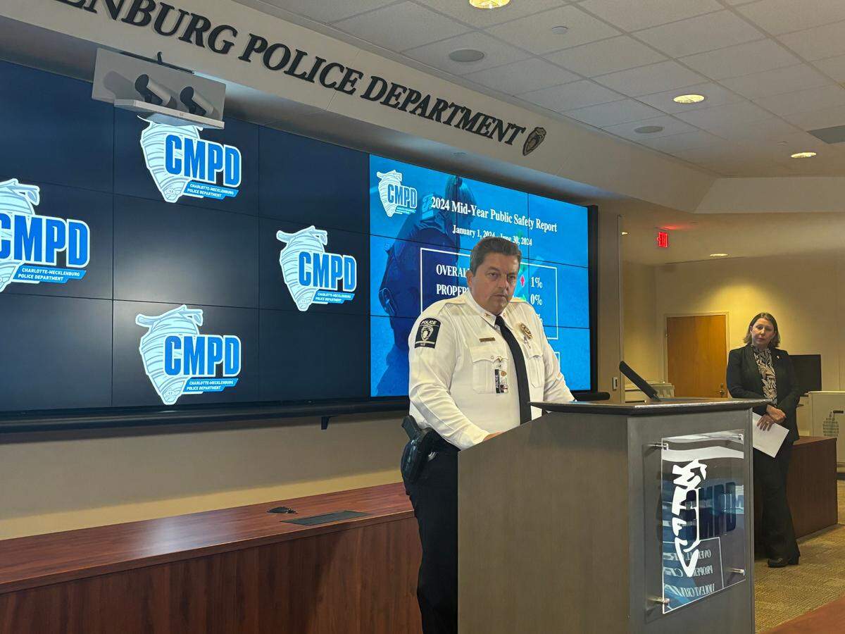 David Robinson, a deputy chief with the Charlotte-Mecklenburg Police Department, talks about a spike in crime at a news conference on Monday, July 22, 2024, at CMPD headquarters in uptown.