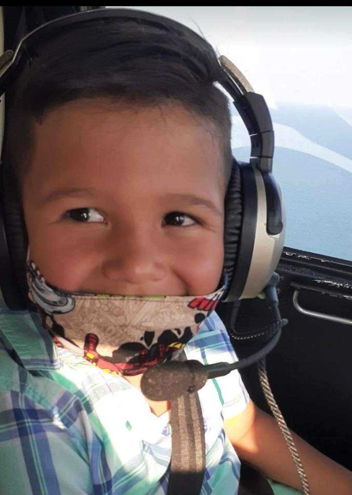 Liam beams during helicopter ride over Myrtle Beach.