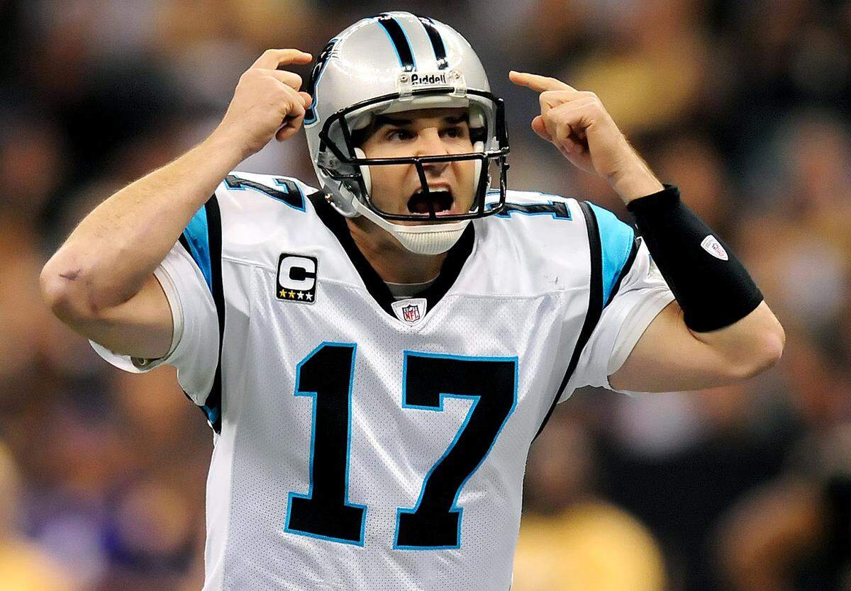 Carolina Panthers quarterback Jake Delhomme screams instructions to his team in 2008.