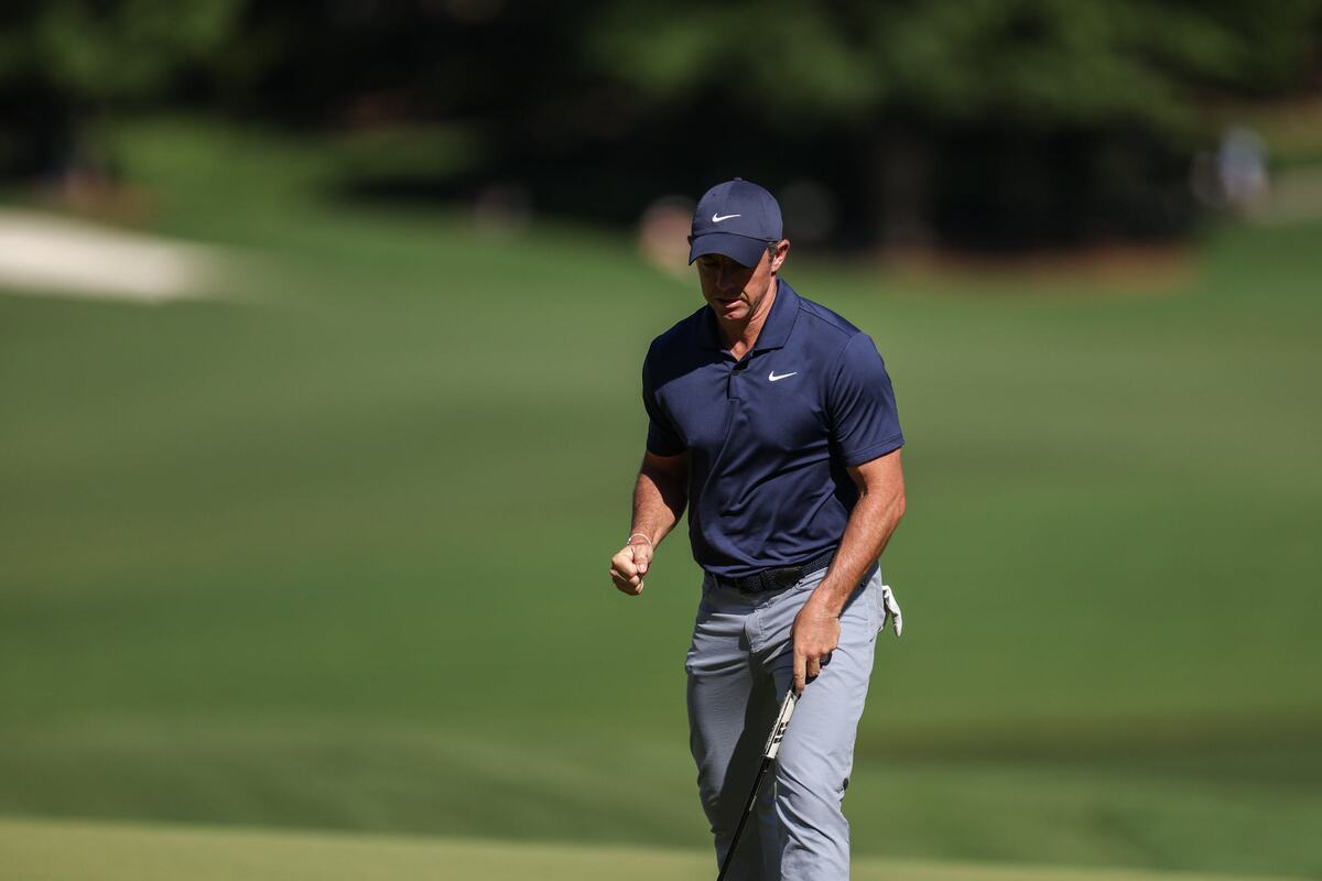 Rory McIlroy celebrates after a putt on the 15th hole during round three of the Wells Fargo Championship at Quail Hollow Club in Charlotte, N.C., on Saturday, May 11, 2024.