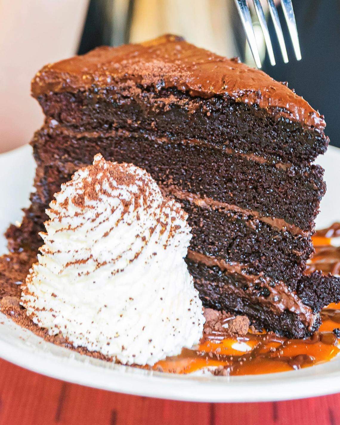 Mama Ricotta’s Mama’s Giant Chocolate Cake is so large, it barely fits in this photo (fork for scale).