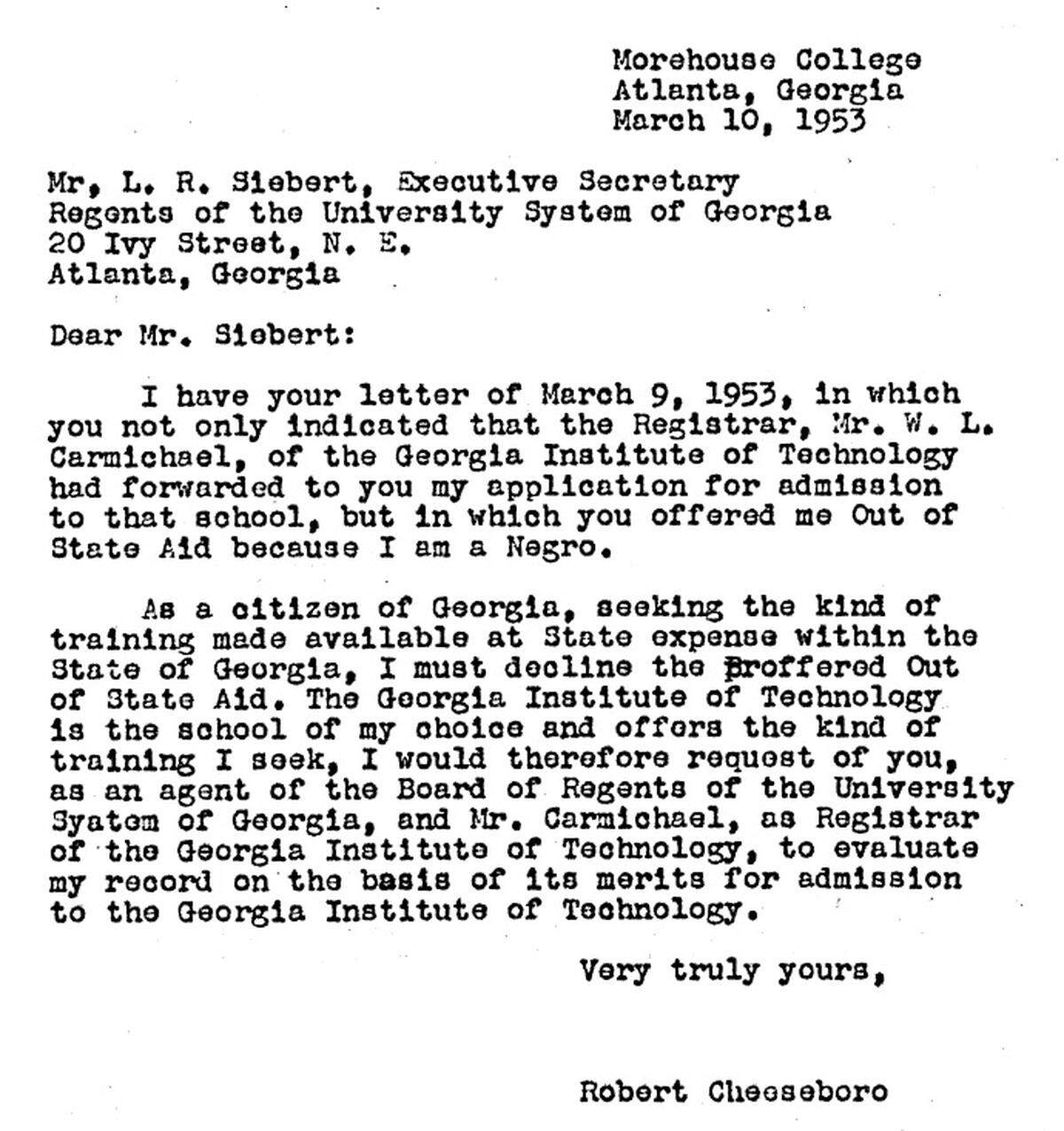 Robert Cheeseboro’s letter to the university system.