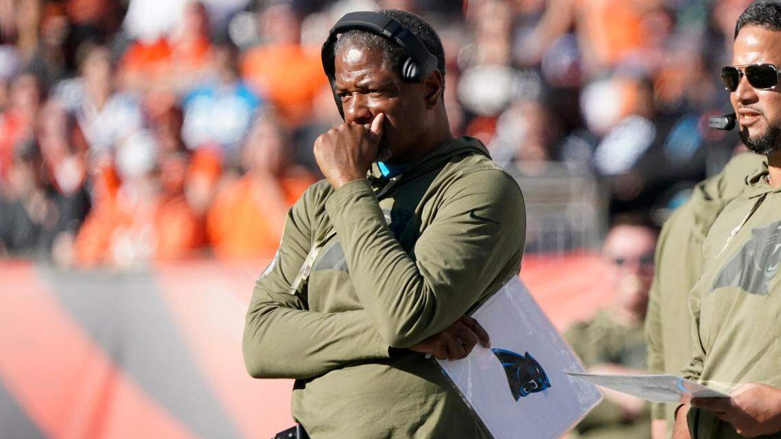 Carolina Panthers head coach Steve Wilks watches after the Cincinnati Bengals made an interception during the first half of an NFL football game, Sunday, Nov. 6, 2022, in Cincinnati. (AP Photo/Joshua A. Bickel)