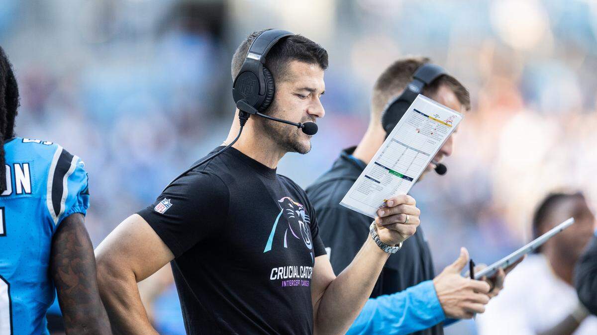 Carolina Panthers coach Dave Canales coaches against the Atlanta Falcons at the Bank of America Stadium in Charlotte, N.C. on Sunday, October 13, 2024.