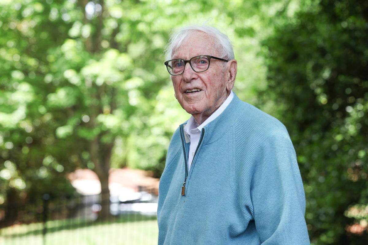 Leighton Ford, the 94-year-old evangelist and brother-in-law of Billy Graham, stands in specially-designed area in his bakyard he name “Jeanie's Place”, named for his late wife of 71 years, Jeanie Ford, on Tuesday, May 12, 2026.
