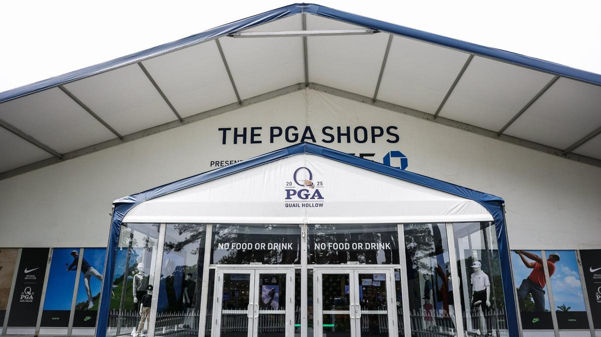 The PGA Shops is a football field-sized merchandise area where people will be able to purchase clothing, golfing items and commemorative hats and mugs, among other things, during the championship next week at Quail Hollow Club in Charlotte, NC on Wednesday, May 7, 2025.