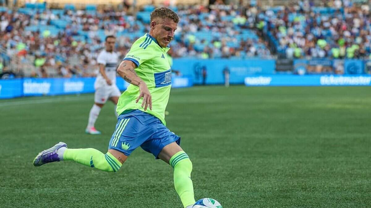 CHARLOTTE, NORTH CAROLINA - JULY 16: Pep Biel #16 of Charlotte FC kicks the ball during the first half against the D.C. United at Bank of America Stadium on July 16, 2025 in Charlotte, North Carolina. (Photo by David Jensen/Getty Images)