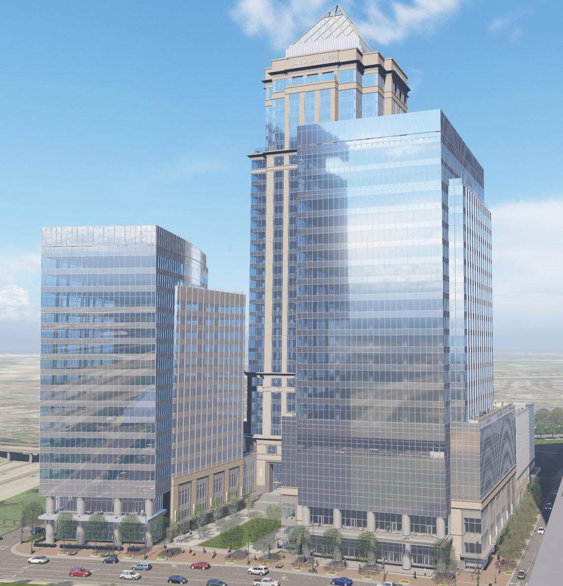 A new 24-story tower will add to Charlotte’s growing skyline. The new office tower is the glass building on the right. The building on the left is an existing 18-story office building.​