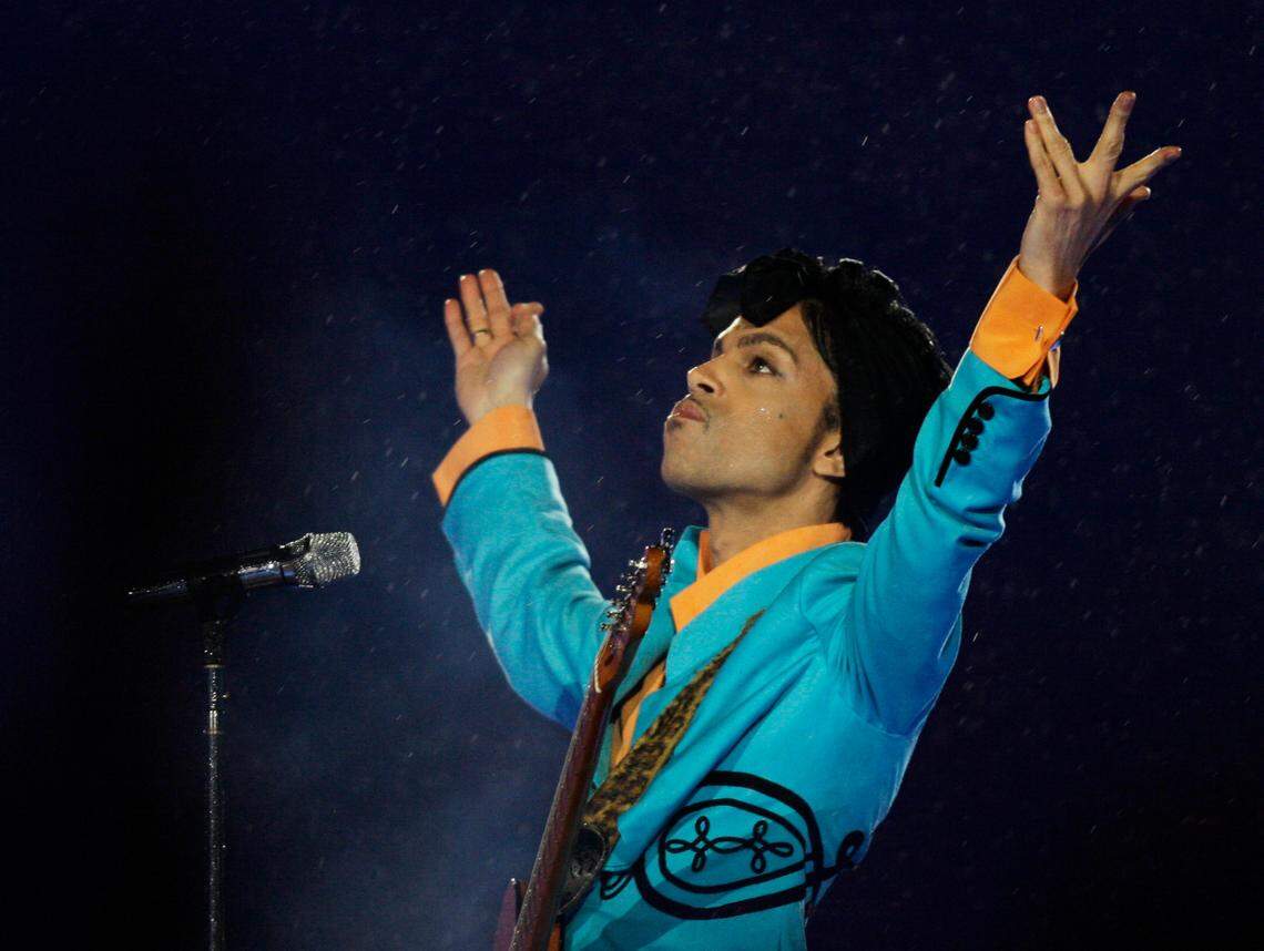 Prince performs during the halftime show at Super Bowl XLI at Dolphin Stadium in Miami.