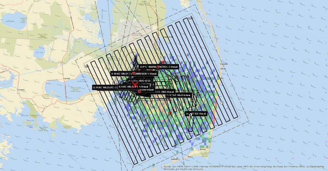 Pictured is a graphic depicting the approximately 1,350 square miles of combined search patterns conducted by Coast Guard assets in search of two missing mariners, Jan. 9, 2019, in Palimico Sound, North Carolina. The two mariners were reported missing after the commercial fishing vessel Papa’s Girl capsized in the vicinity of the Pamlico Sound.